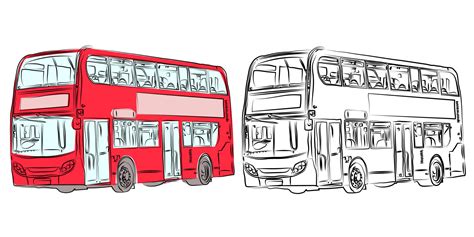 London double-decker modern bus in red and pencil drawing with front ...