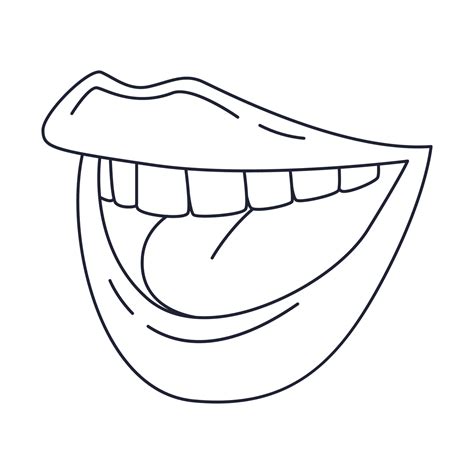 A smiling laughing mouth with teeth. Female lips. Outline doodle. Black ...