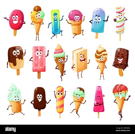 Cute ice cream cartoon characters of vector summer dessert food ...