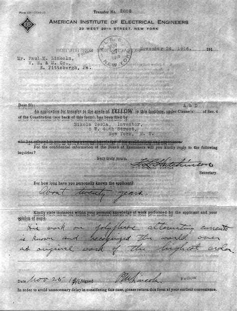 Nikola Tesla Application for Transfer to the Grade of Fellow, November ...