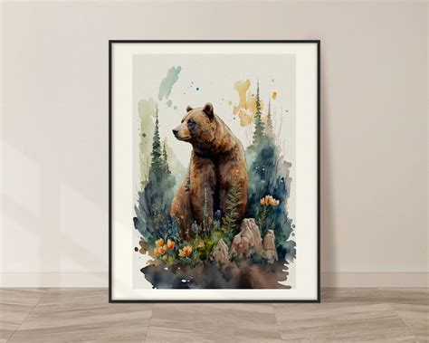 Brown Bear Watercolor Art Print Brown Bear & Nature Painting - Etsy