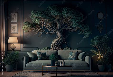 Living room with tree wallpaper, sitting, table, ornamental plants and ...