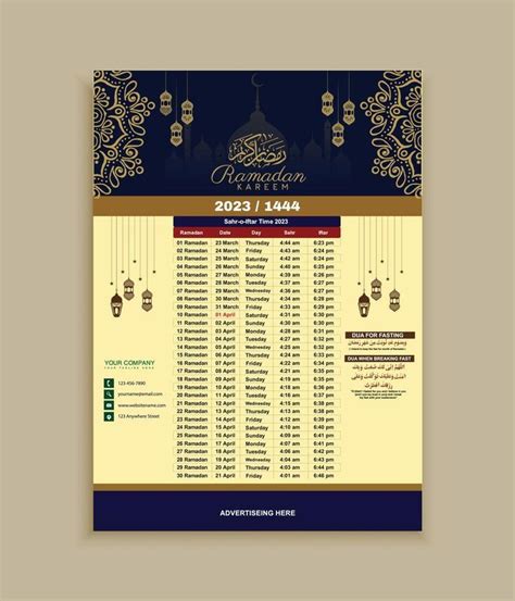 Ramadan Calendar design template 2023 with sehri and iftar dua and time ...