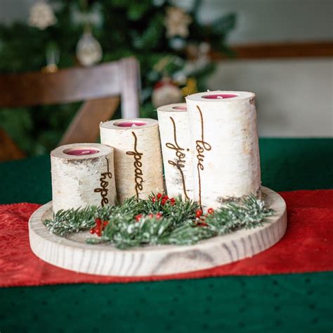 Christmas Advent Wreath, Set of Four Birch Candles With Words Peace ...