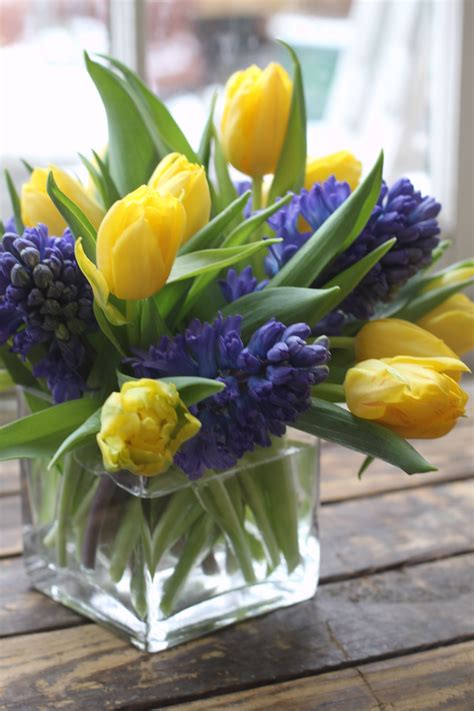 yellow tulip blue hyacinth spring flowers | Tulips arrangement, Flower ...