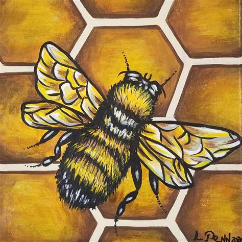 Honeybee on Honeycomb Original Acrylic Painting with Glitter HIghlights