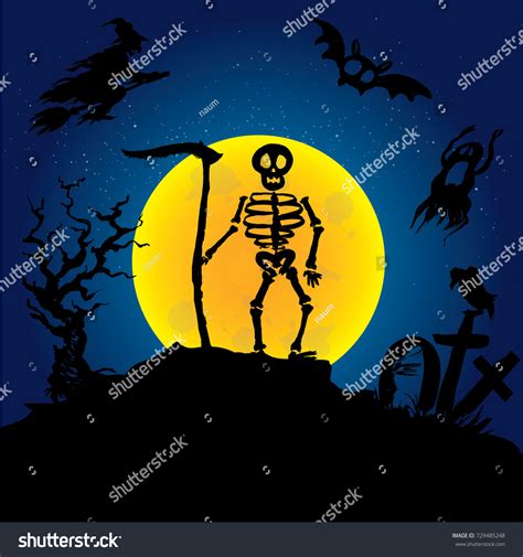 Halloween Skeleton On Graveyard Scary Background Stock Illustration ...