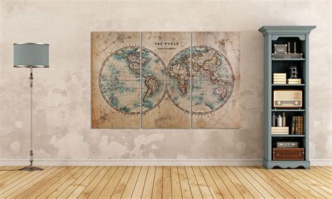 Large World Map World in Hemispheres Leather Print/vintage - Etsy