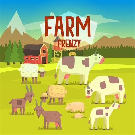 Premium Vector | Farm Frenzy Illustration With Field Full Of Animals