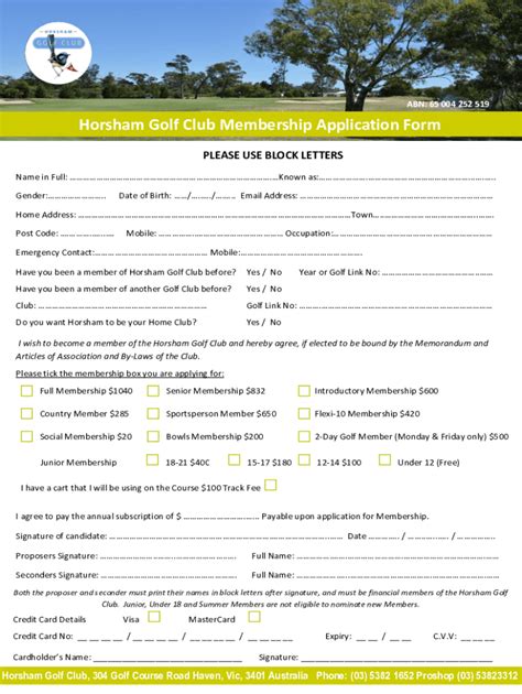 Fillable Online Horsham Golf Club Membership Application Form Fax Email ...