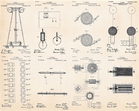 Nikola Tesla Inventions Patent Drawings Prints Collection Scientific ...