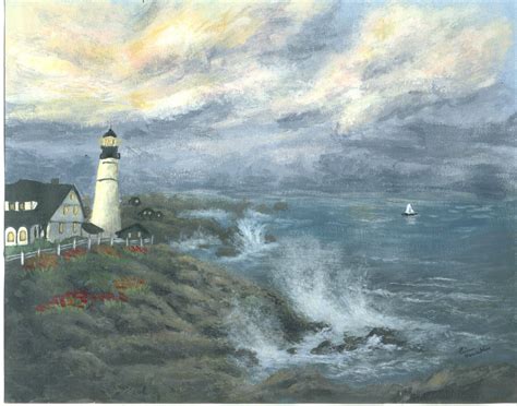 a painting of a lighthouse on a cliff by the ocean