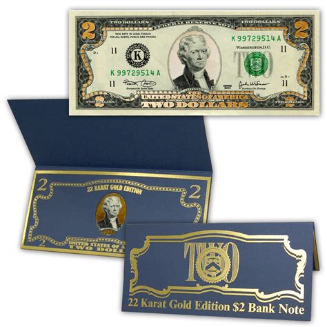 22k Gold Layered Uncirculated Two Dollar Bill - Special Edition ...