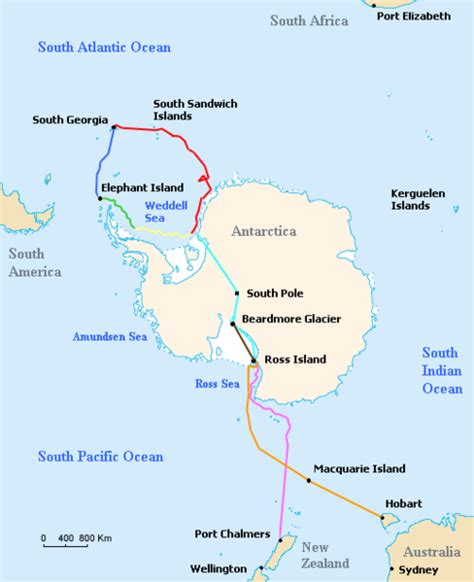 Map of the routes of the ships Endurance and Aurora, the support team ...