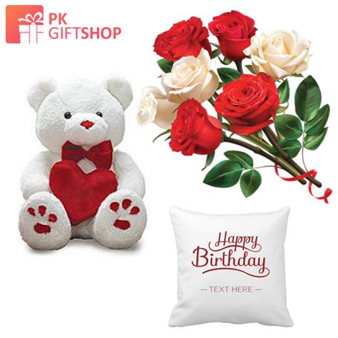 Send LOVELY TEDDY BEAR, BIRTHDAY CUSHION AND ROSES BOUQUET to Pakistan ...