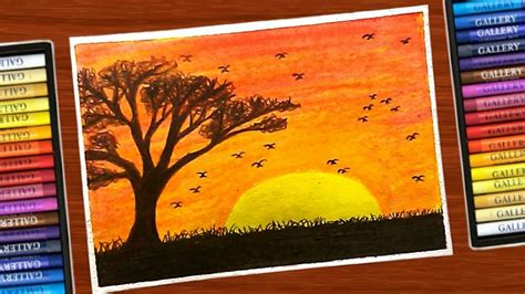 Sun Rising Scenery Drawing with Oil Pastels - Step by Step Very Easy ...