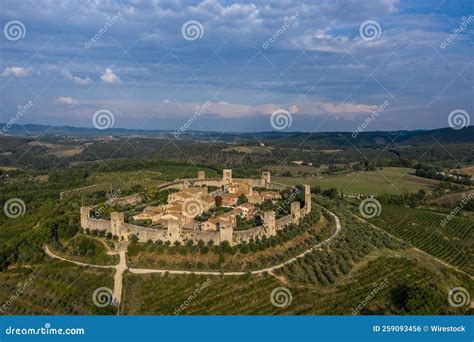 Aerial View of the Monteriggioni Castle in Italy with Mountains and a ...