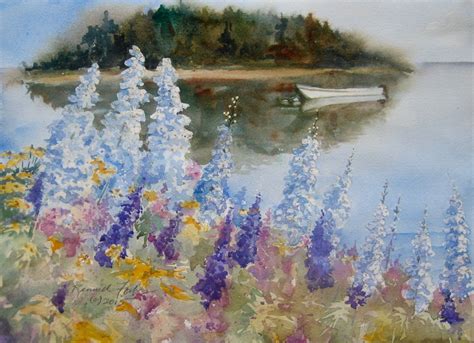 Summer in Maine Watercolor Original 11x15 Foxgloves Boat Small Painting ...