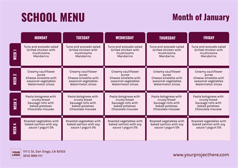 Editable template for school menus | School menu, School lunch menu ...