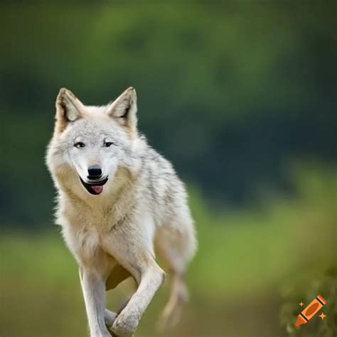 Photo of a running white wolf