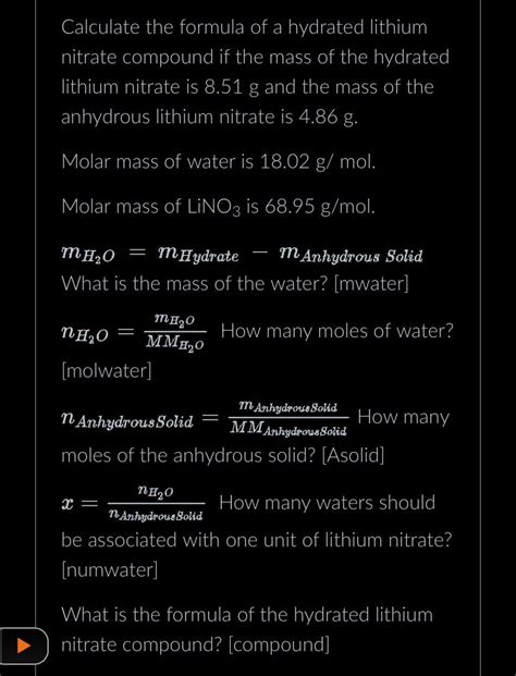 Solved Calculate the formula of a hydrated lithium nitrate | Chegg.com