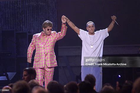 From left, Elton John and Eminem at The 43rd Annual Grammy Awards at ...