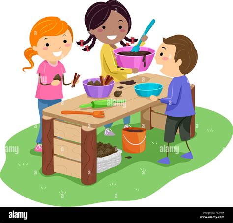 Illustration of Stickman Kids Making a Mud Pie in the Garden Stock ...