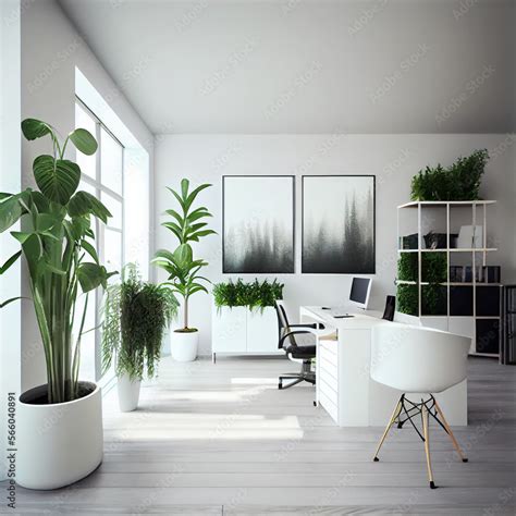 Minimalist office interior with plants, minimal workplace design ...