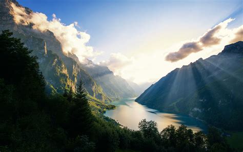 Klöntalersee Lake Wallpaper 4K, Alps, Switzerland, Landscape