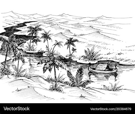 Egypt landscape hand drawing boat on nile river Vector Image