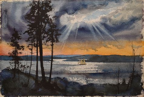 Vintage Maine Sun Rays Ocean Painting of Sunset Art Watercolor - Etsy