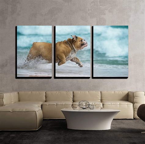 Wall26 3 Piece Canvas Wall Art - Happy Dog Bulldog Running at the Sea ...