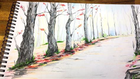 Autumn Landscape Drawing in Colored Pencil | Landscape drawings, Cool ...