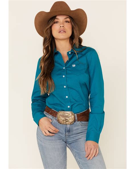 Cinch Women's Teal Solid Button Front Long Sleeve Western Shirt , Teal ...