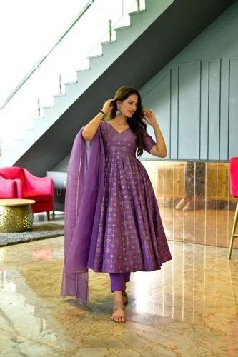 Faux designer georgette purple color long gown with dupatta, Size: XL ...