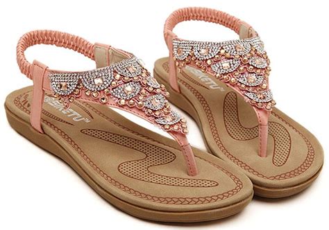 US M IDIFU Womens Sweet Bohemian Rhinestone Flat Thong Sandals Elastic ...