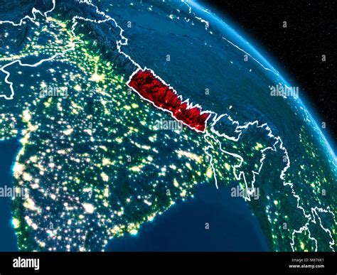 Satellite view of Nepal highlighted in red on planet Earth at night ...