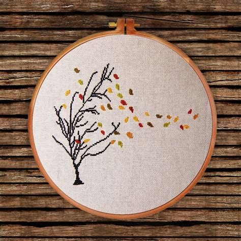 Autumn Tree cross stitch pattern| Thin tree golden leaf falling counted ...