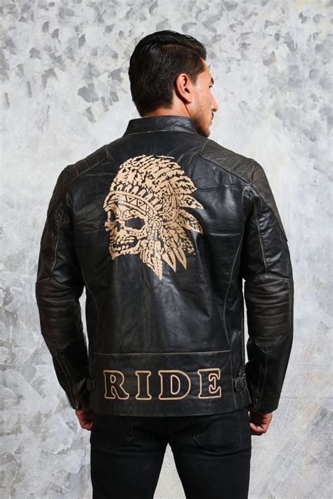 Indian Skull Leather Jacket for Men in Black