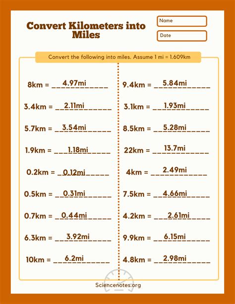 Miles to Kilometers Worksheets