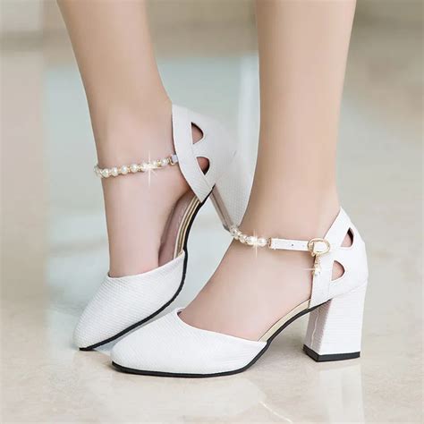 Spring Women Wedding Shoes String Bead Ankle Strap Dress Shoes White ...