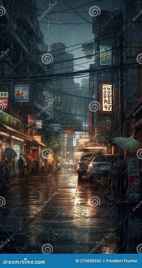 Rainy Tokyo Street at Dusk, Lit by Neon Signs of Shops and Restaurants ...