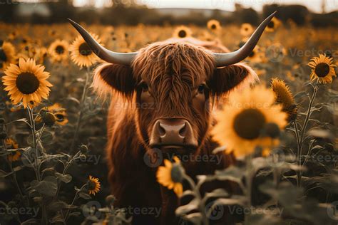 Highland cow face with many various sunflowers. 23377976 Stock Photo at ...