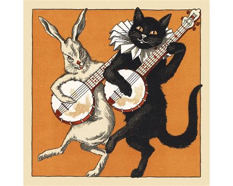 Vintage Animal Art Print Black Cat and White Rabbit Playing - Etsy