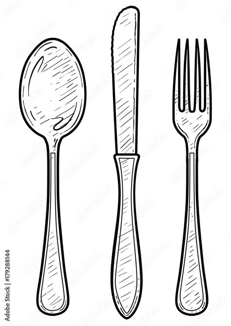 Fork, spoon, knife illustration, drawing, engraving, ink, line art ...