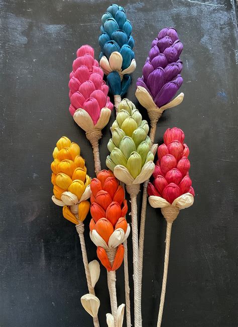 "Corn Husk Flowers. Handmade Using Dyed Dried Corn Husks. Bamboo Stems ...