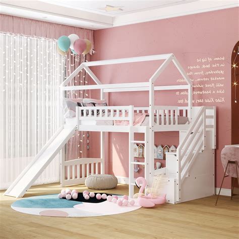 Maxtrix FILIHANKAT High Loft Bed With Slide Platform Twin Size White ...