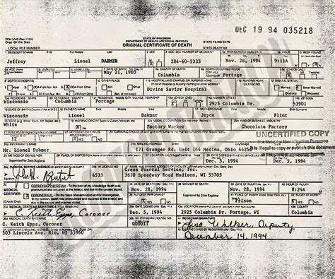 Jeffrey Dahmer Death Certificate True Crime Murderabilia - Etsy