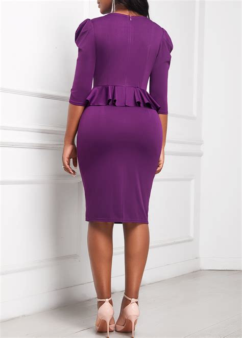 Faux Two Piece 3/4 Sleeve Purple Dress | Rosewe.com - USD $32.98