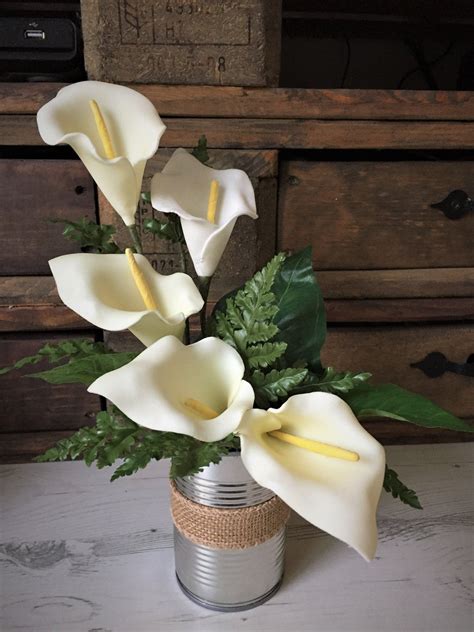 White arum liliy arrangemenT, Silk flower arrangement, upcycled tin can ...